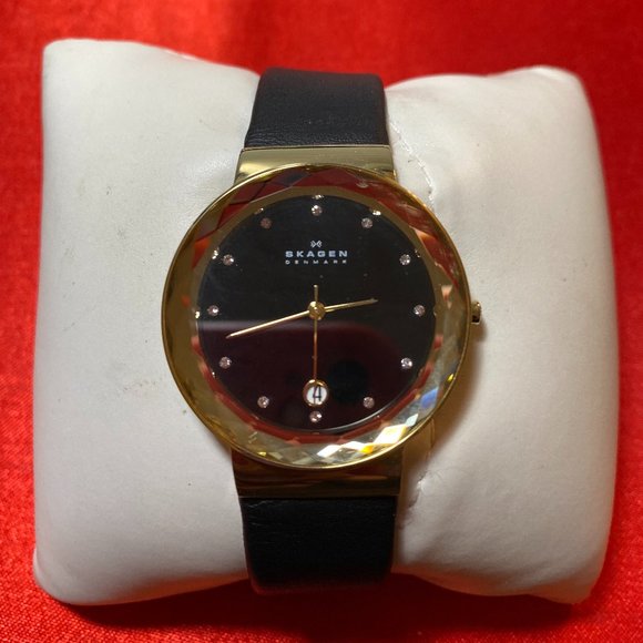 Skagen Leonora SKW2124 Women Gold Tone Crystal Bezel Black Dial Date New Battery Skagen SKW2124 Women main image 3